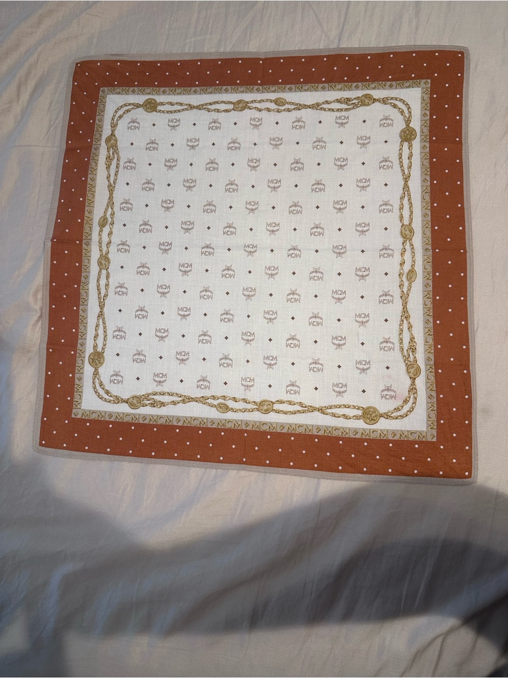 MCM square Cream Center Silk Scarf with Rust Polka-Dot Border and Gold Rope Moti